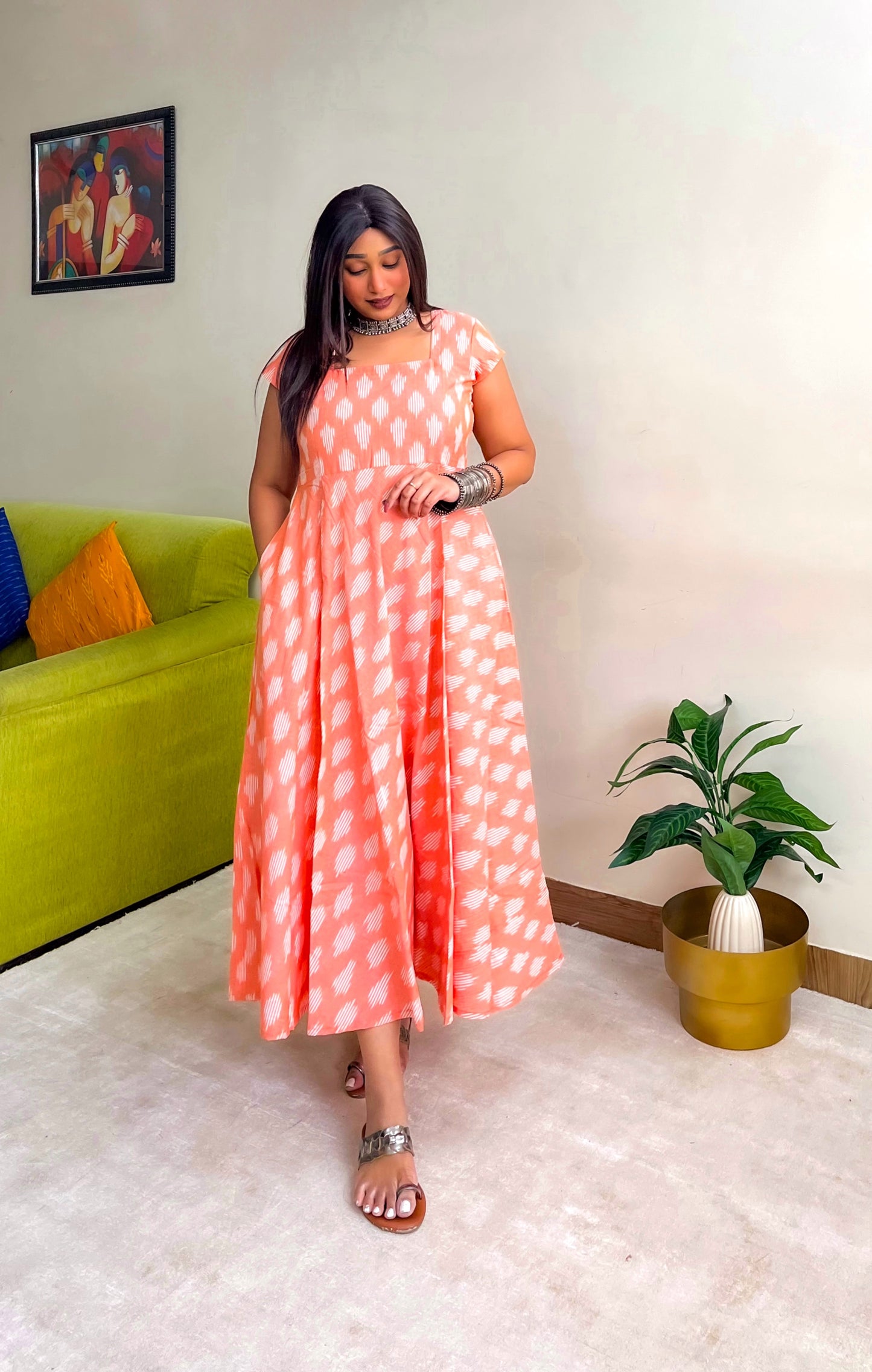 Peach Ikkat Flare Dress (S)