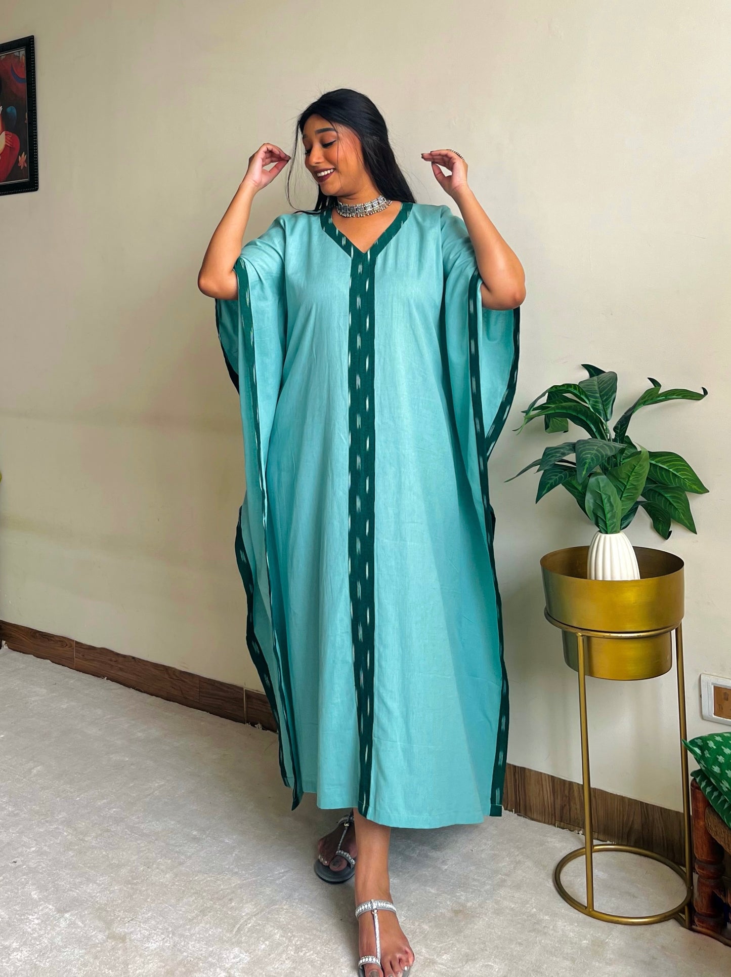 Mint Green Ikat Panel Kaftan