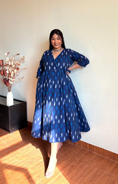 Farah Blue Ikkat Wrap Dress