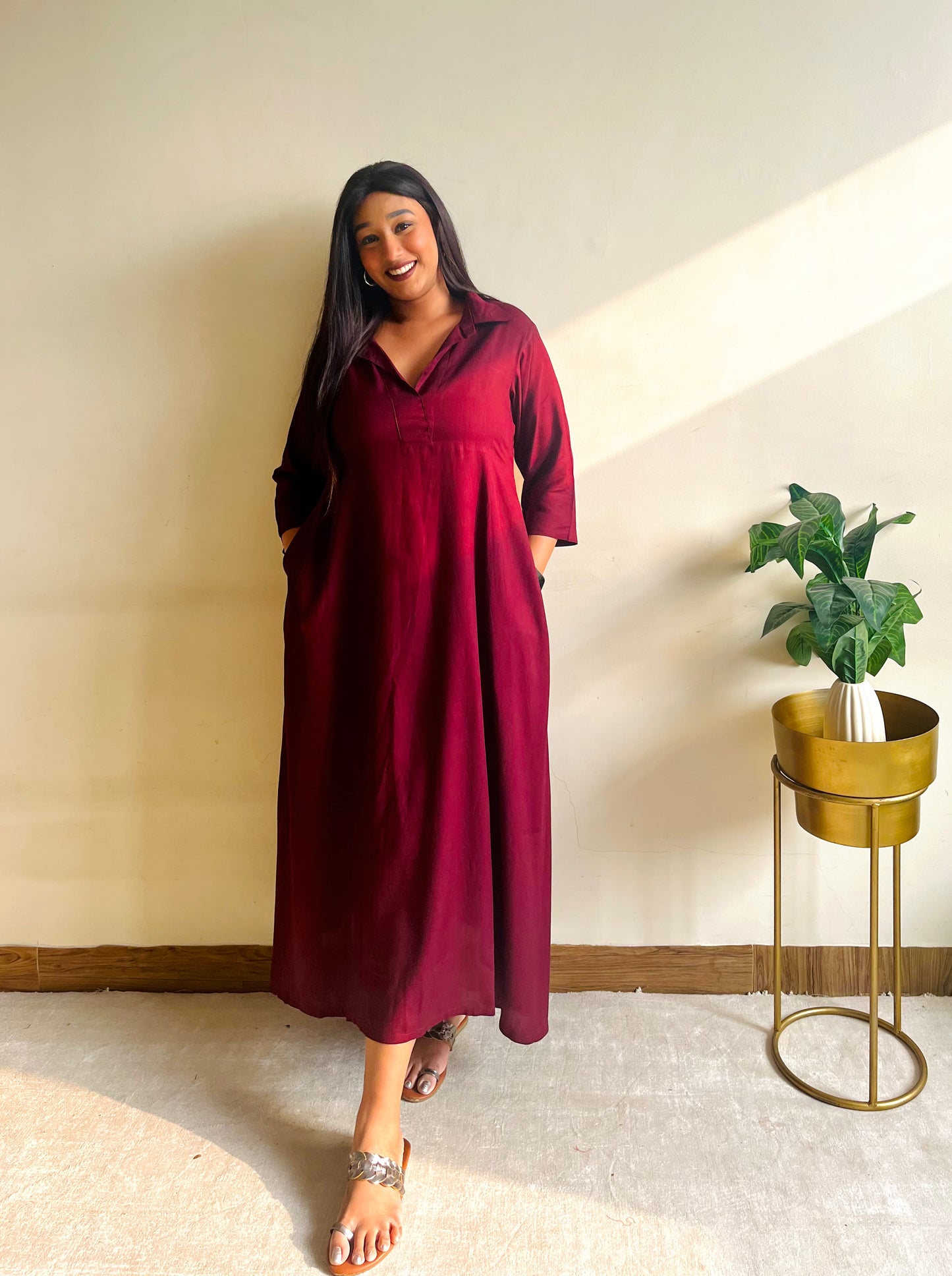Maroon Rayon Midi Dress