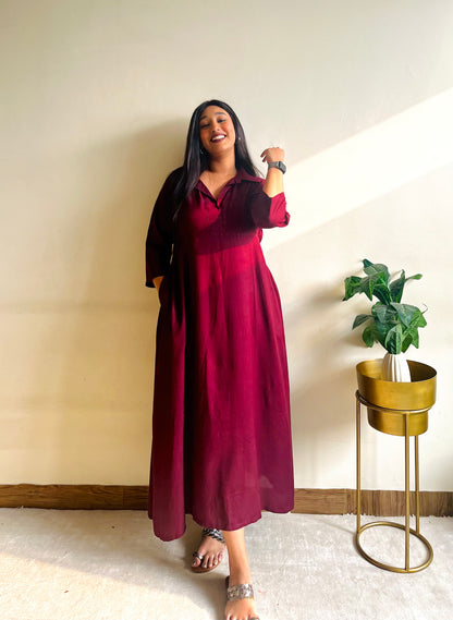 Maroon Rayon Midi Dress