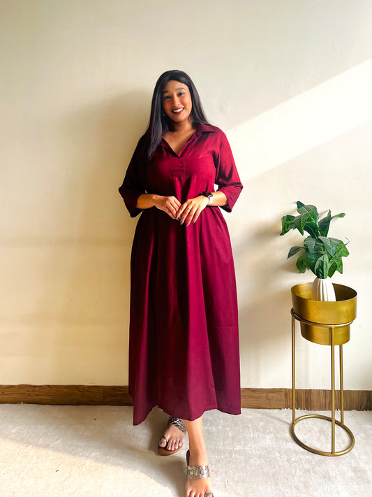 Maroon Rayon Midi Dress