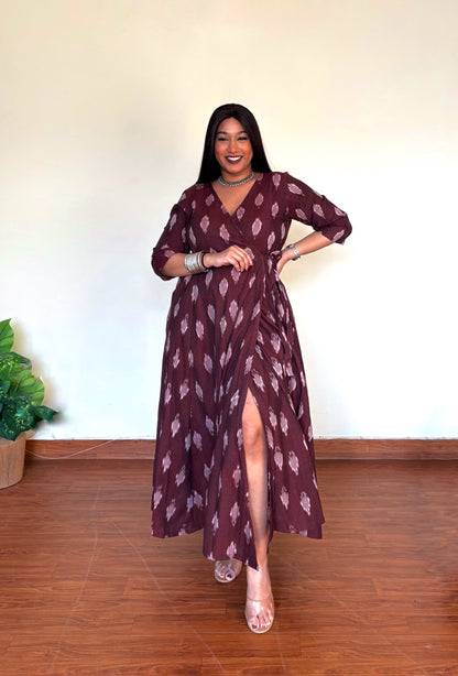 Mulberry Maroon Ikkat Wrap Dress