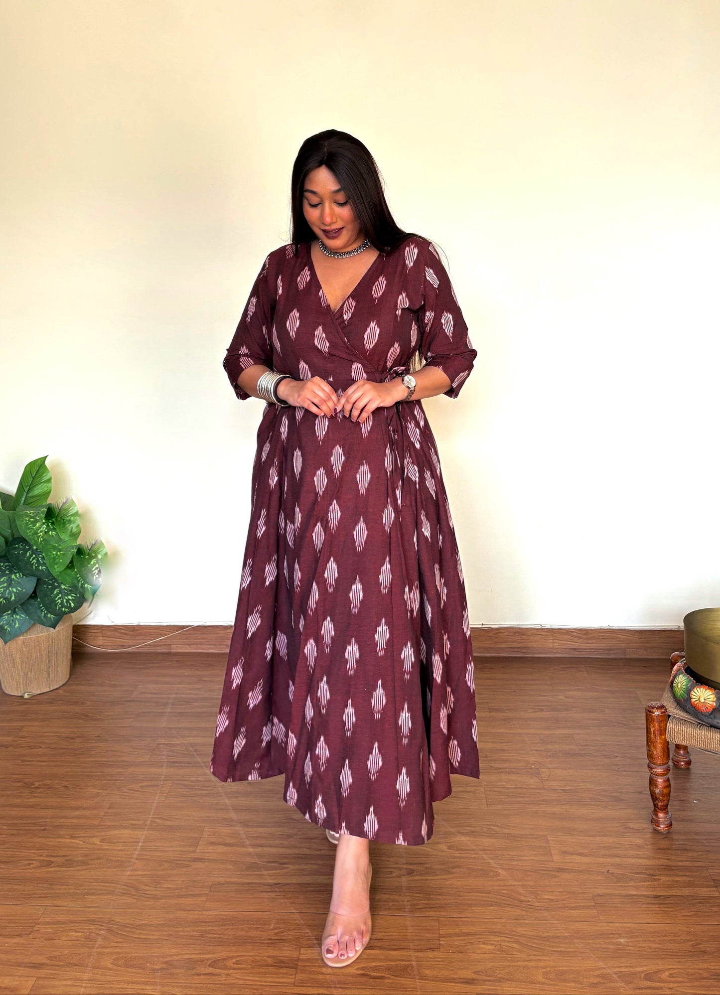 Mulberry Maroon Ikkat Wrap Dress