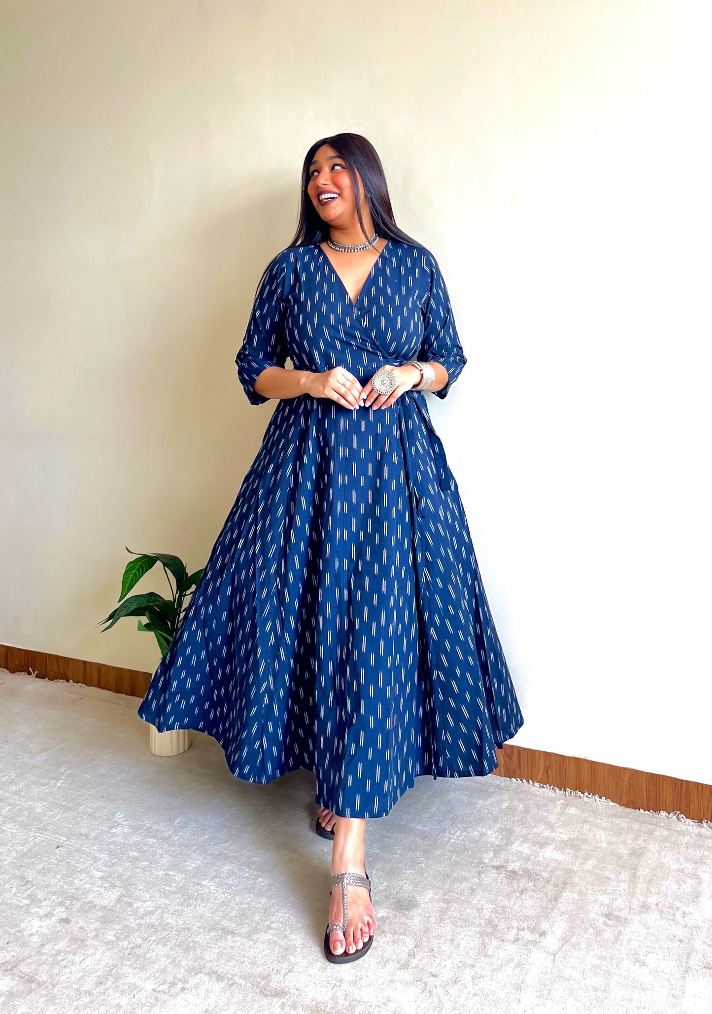 Blue Equal Ikkat Wrap Dress (S)