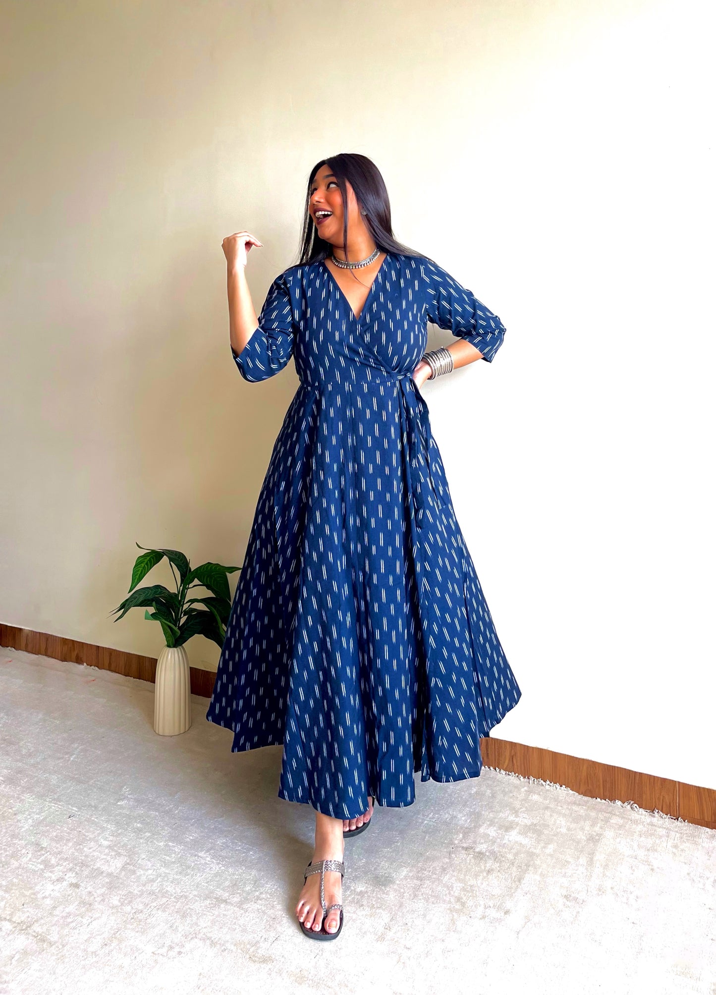 Blue Equal Ikkat Wrap Dress (S)