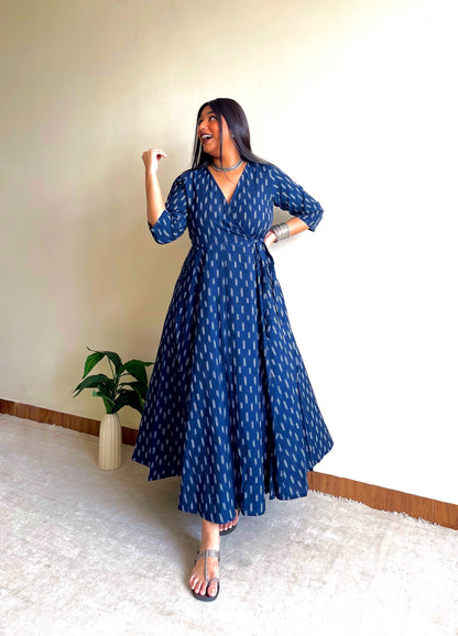 Blue Equal Ikkat Wrap Dress (S)