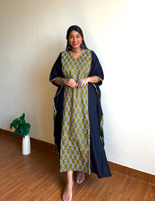 Olive Ikkat Panel Kaftan (S)