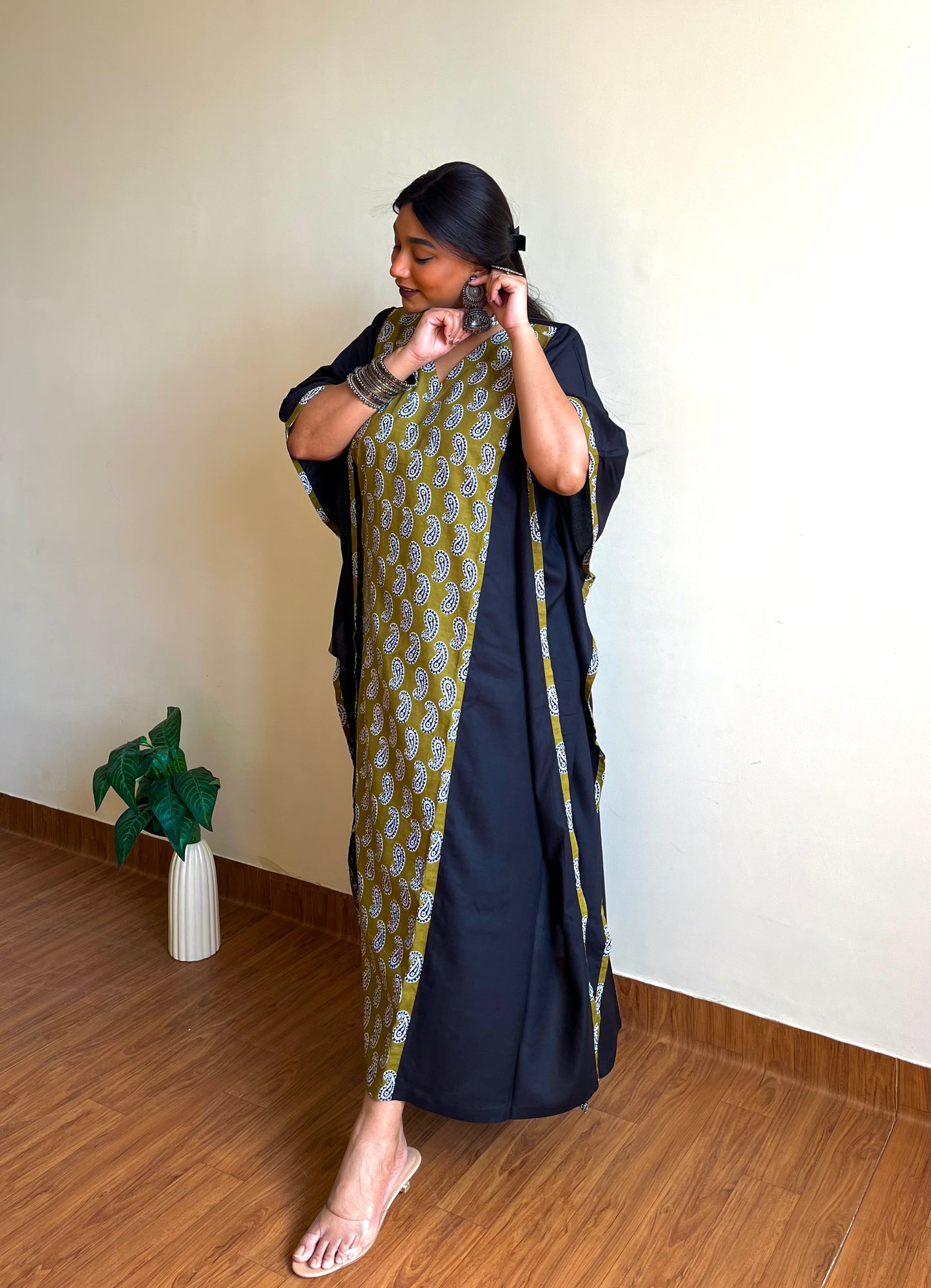 Olive Ikkat Panel Kaftan (S)