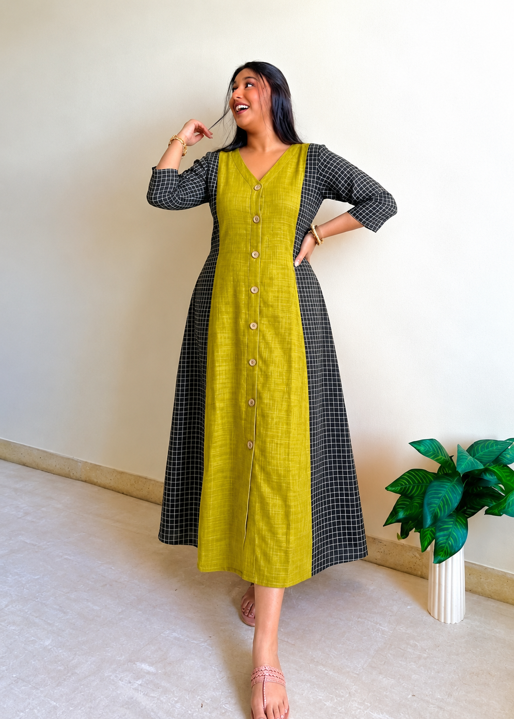 Lime A-line Patchwork Dress