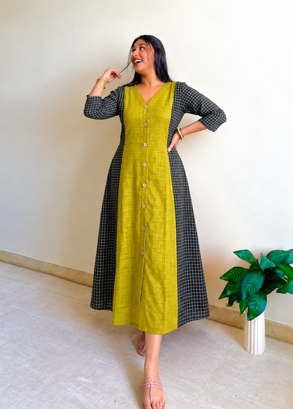 Lime A-line Patchwork Dress