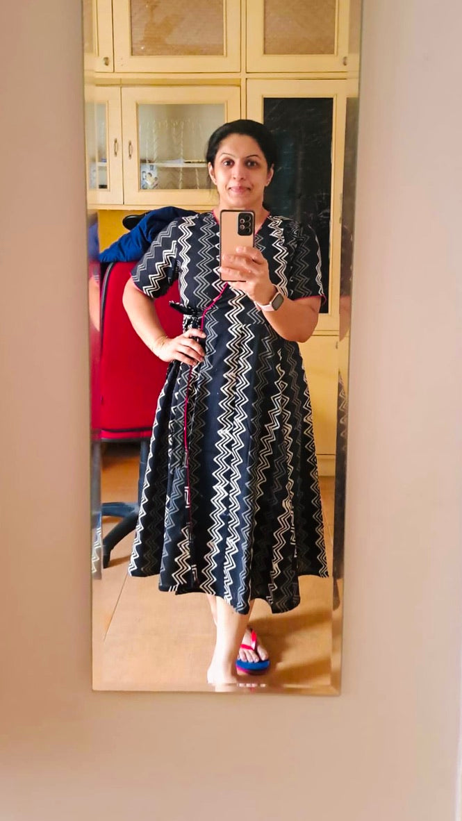 Black Hand Block Zig Zag Wrap Dress