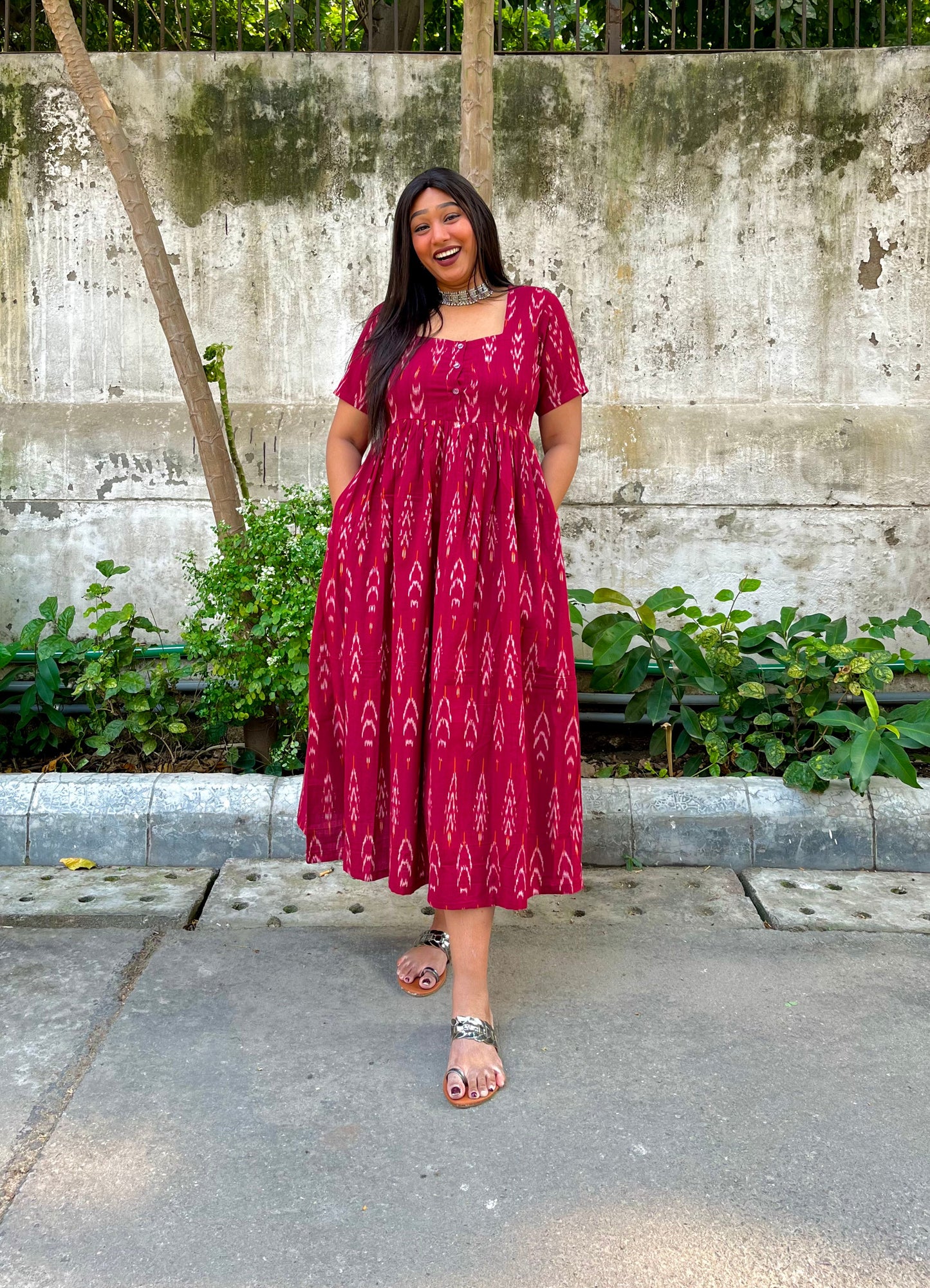 Inaya Maroon Ikat Maxi Dress