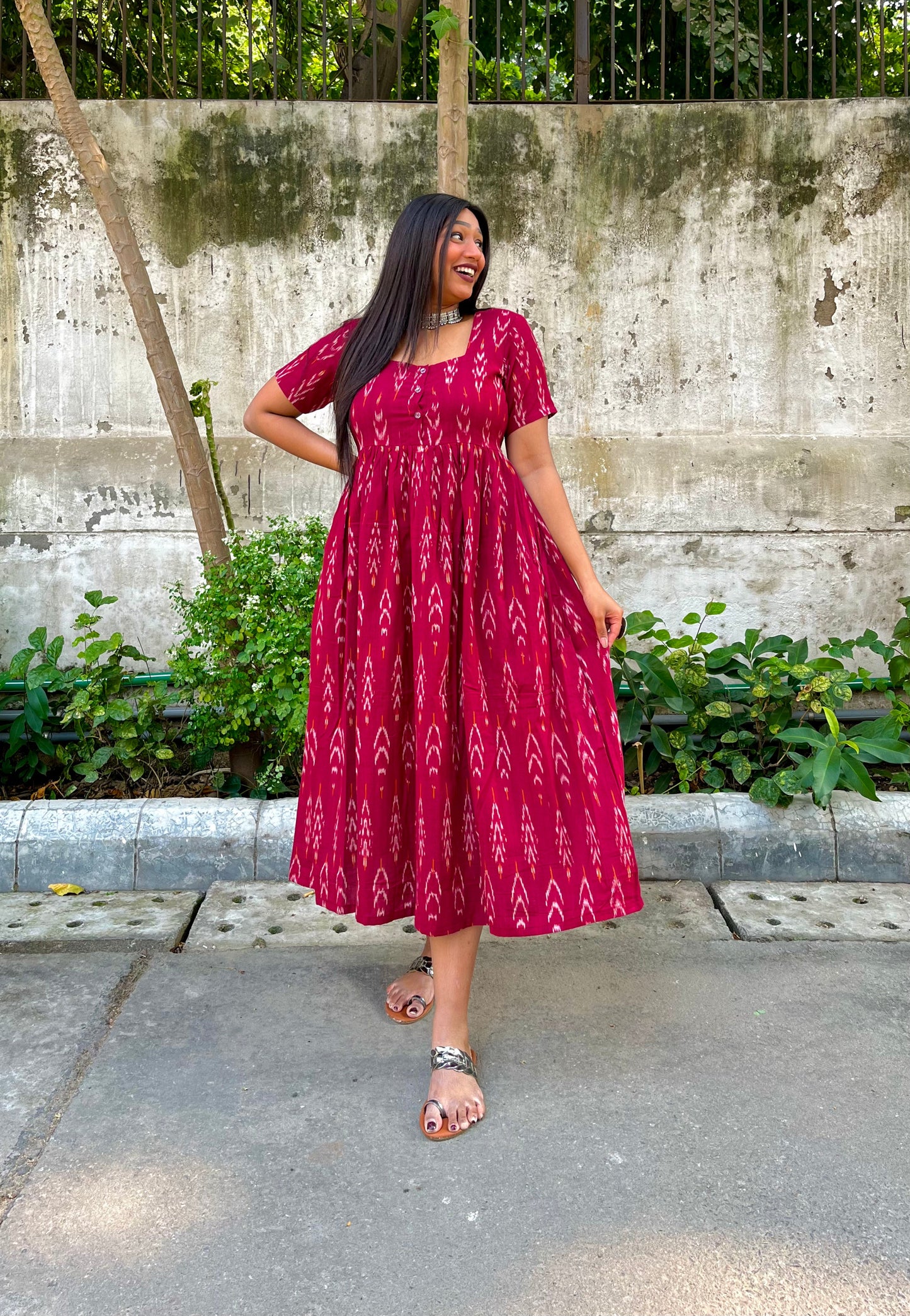 Inaya Maroon Ikat Maxi Dress