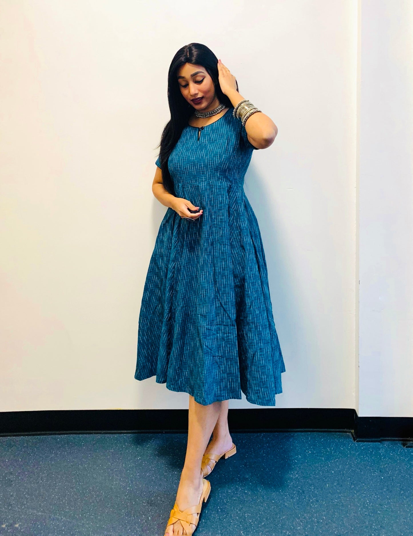 Teal Ikat Flare Dress