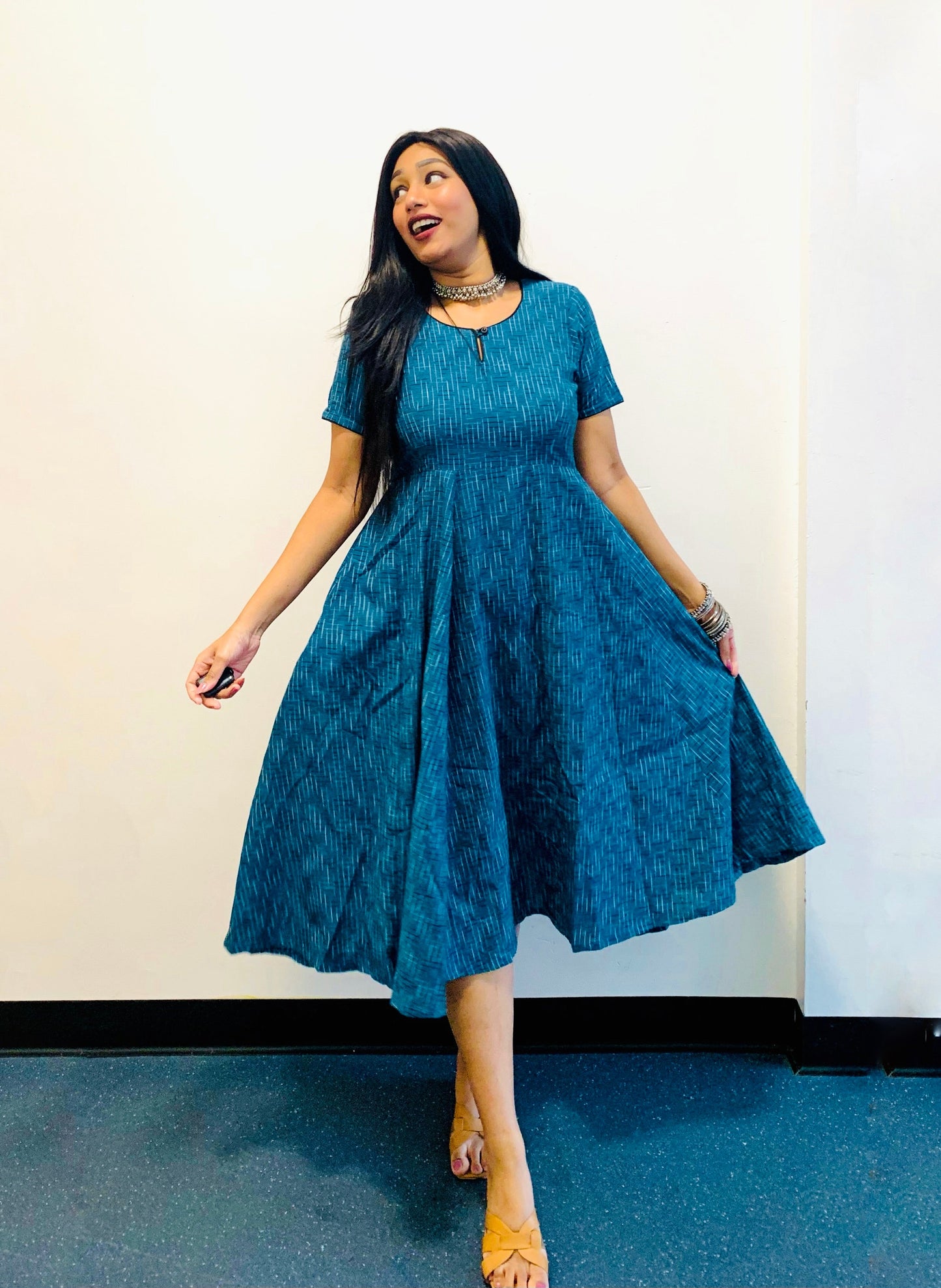 Teal Ikat Flare Dress