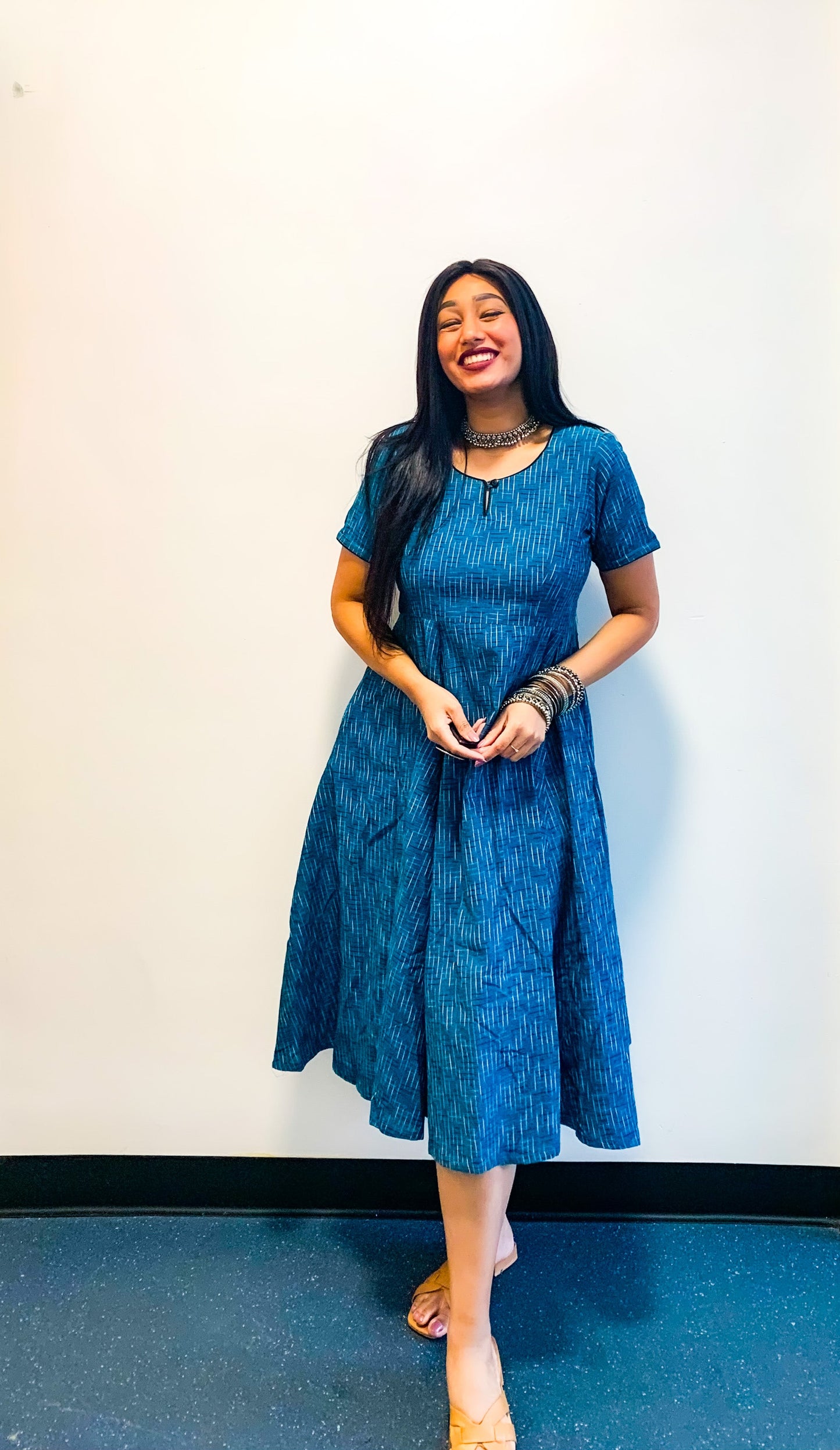 Teal Ikat Flare Dress