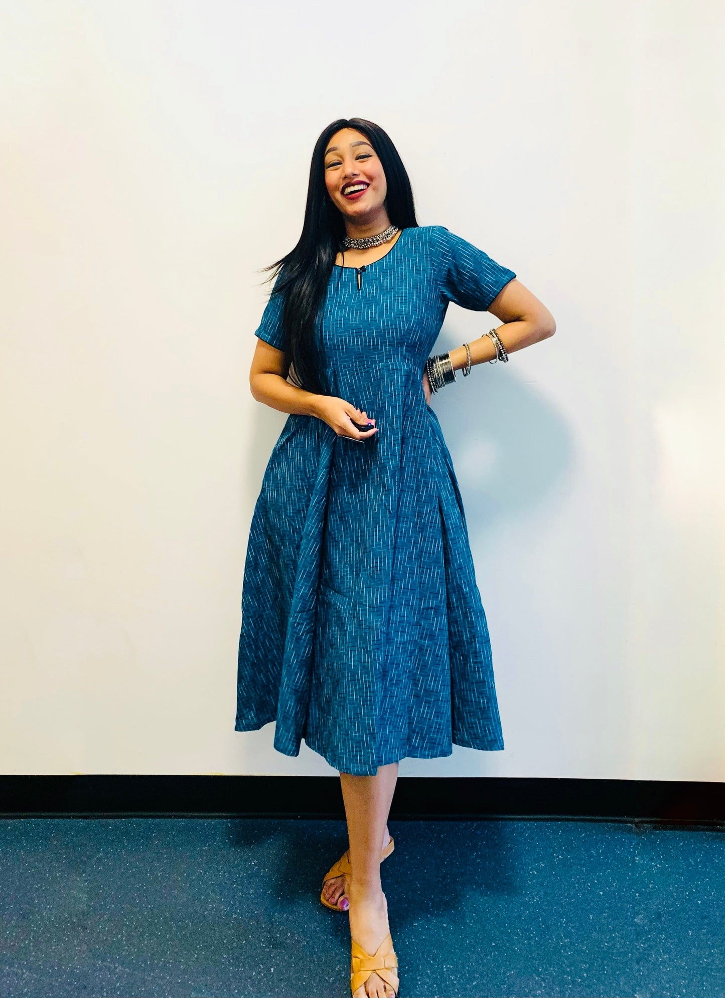 Teal Ikat Flare Dress