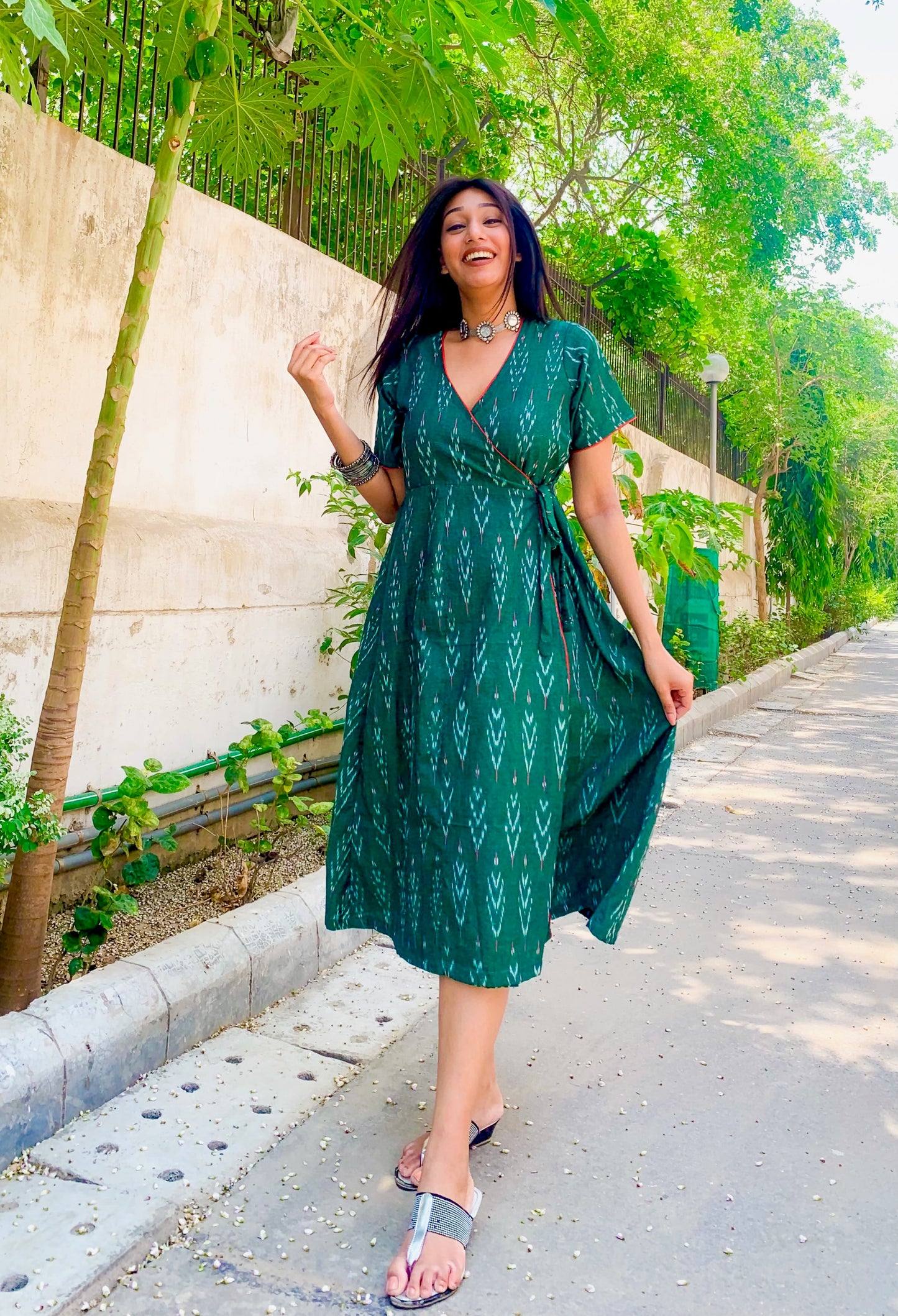 Forest Green Ikat Wrap Dress