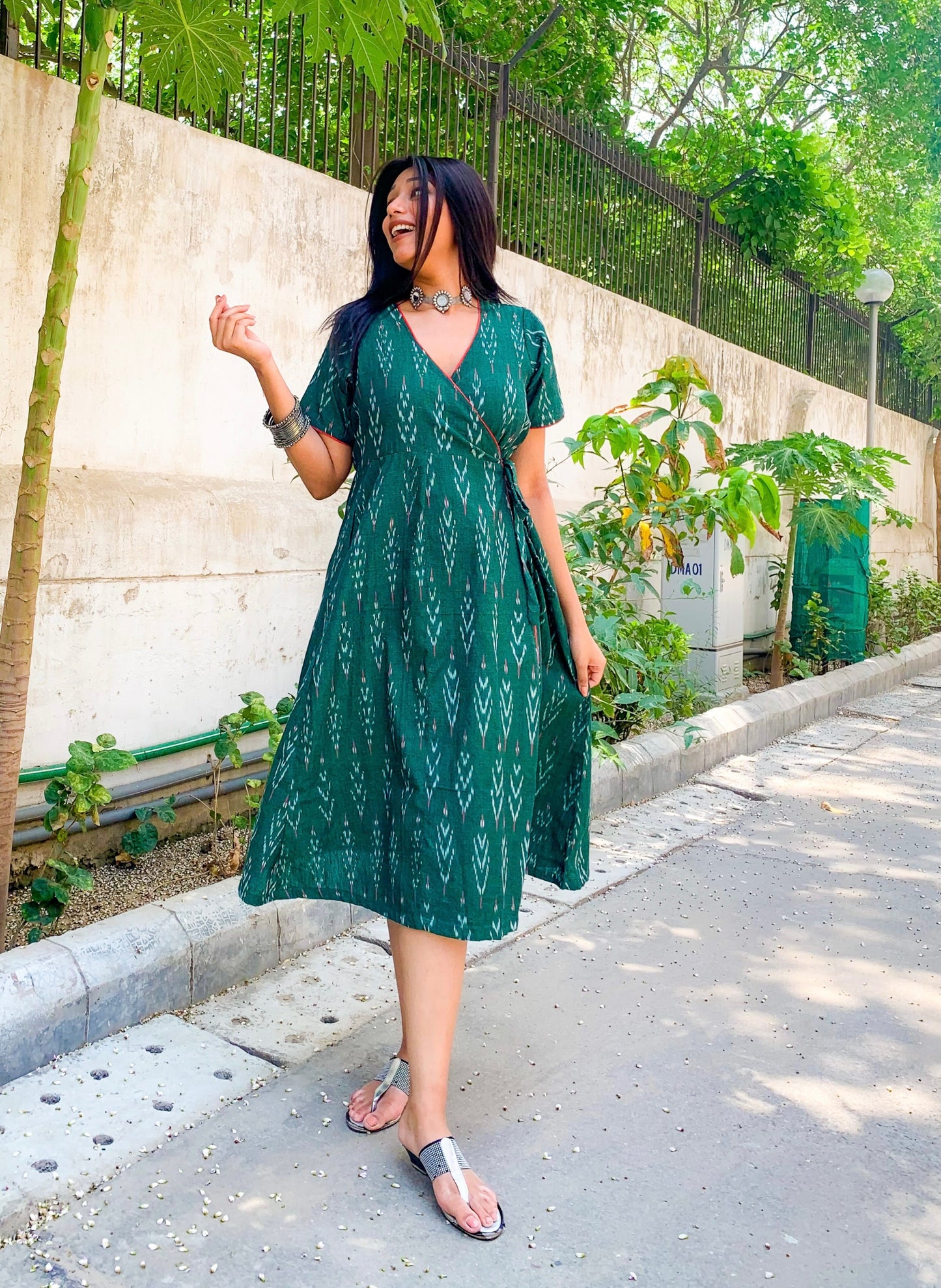 Forest Green Ikat Wrap Dress