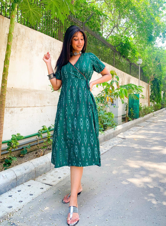 Forest Green Ikat Wrap Dress